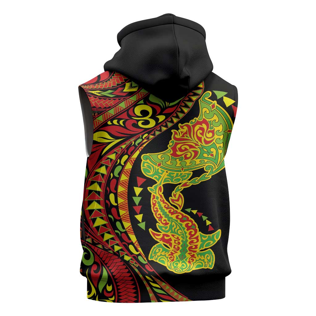 Hawaiian Manta Ray and Hammerhead Shark Tribal Tattoo Sleeveless Zip Hoodie with Polynesian Tribal Pattern Kanaka Maoli Flag Color LT03 - Polynesian Pride
