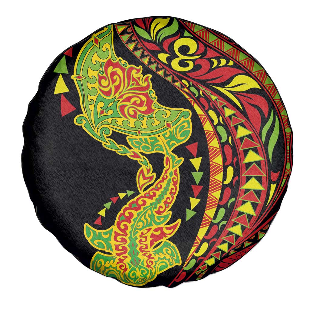 Hawaiian Manta Ray and Hammerhead Shark Tribal Tattoo Spare Tire Cover with Polynesian Tribal Pattern Kanaka Maoli Flag Color