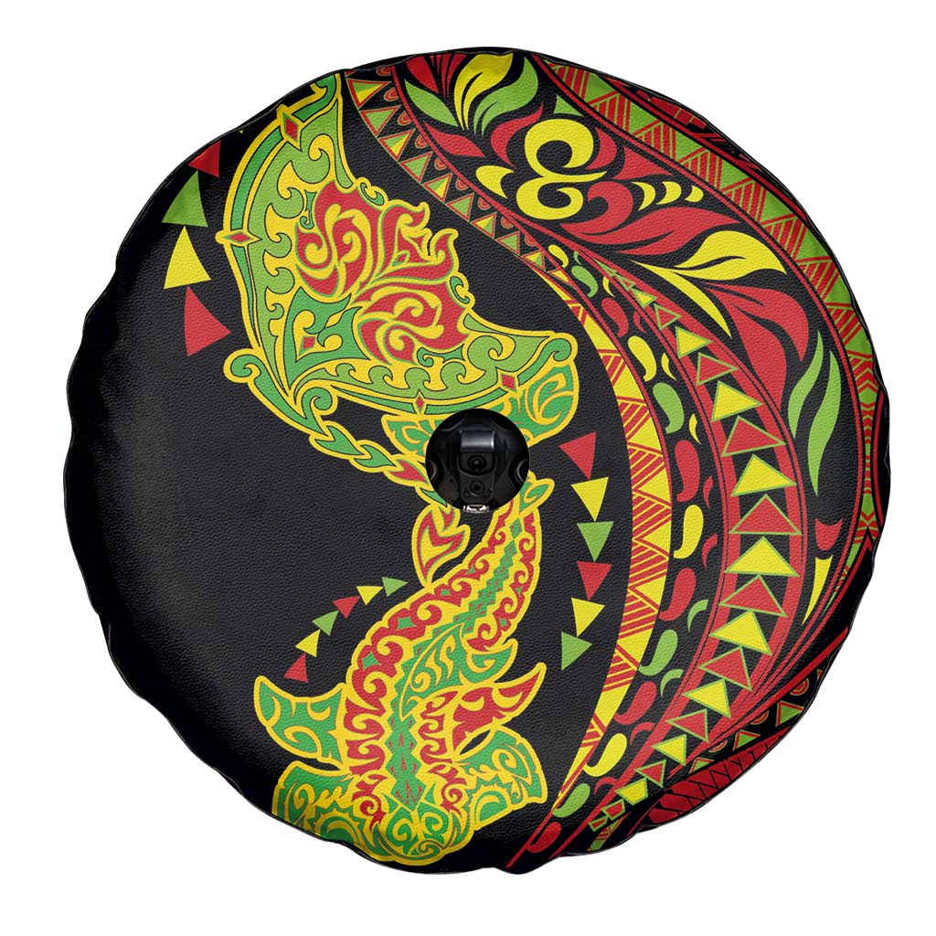 Hawaiian Manta Ray and Hammerhead Shark Tribal Tattoo Spare Tire Cover with Polynesian Tribal Pattern Kanaka Maoli Flag Color