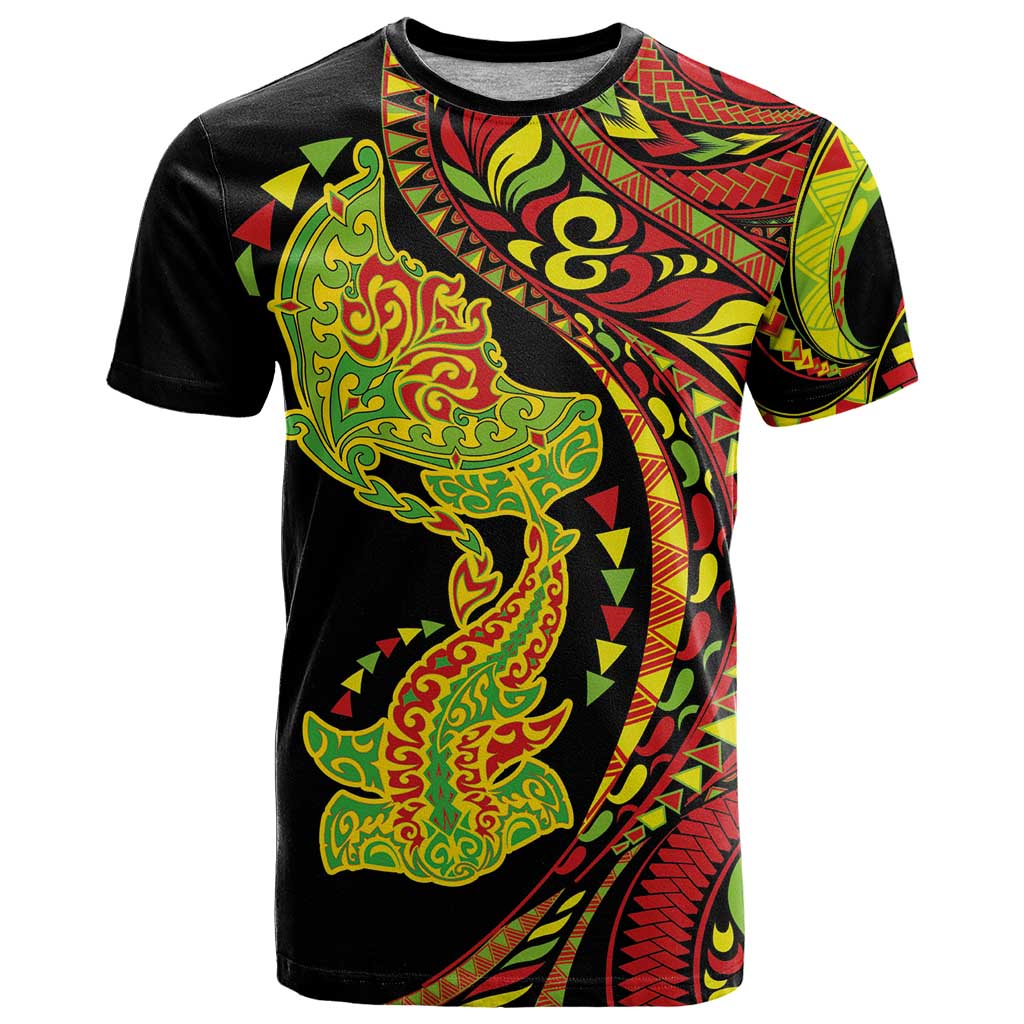 Hawaiian Manta Ray and Hammerhead Shark Tribal Tattoo T Shirt with Polynesian Tribal Pattern Kanaka Maoli Flag Color