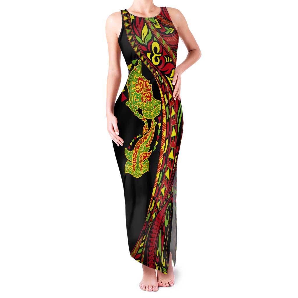 Hawaiian Manta Ray and Hammerhead Shark Tribal Tattoo Tank Maxi Dress with Polynesian Tribal Pattern Kanaka Maoli Flag Color