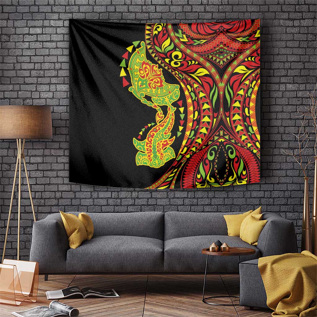 Hawaiian Manta Ray and Hammerhead Shark Tribal Tattoo Tapestry with Polynesian Tribal Pattern Kanaka Maoli Flag Color