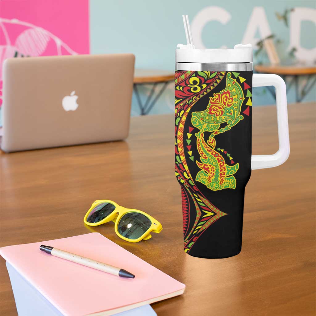 Hawaiian Manta Ray and Hammerhead Shark Tribal Tattoo Tumbler With Handle with Polynesian Tribal Pattern Kanaka Maoli Flag Color LT03 - Polynesian Pride