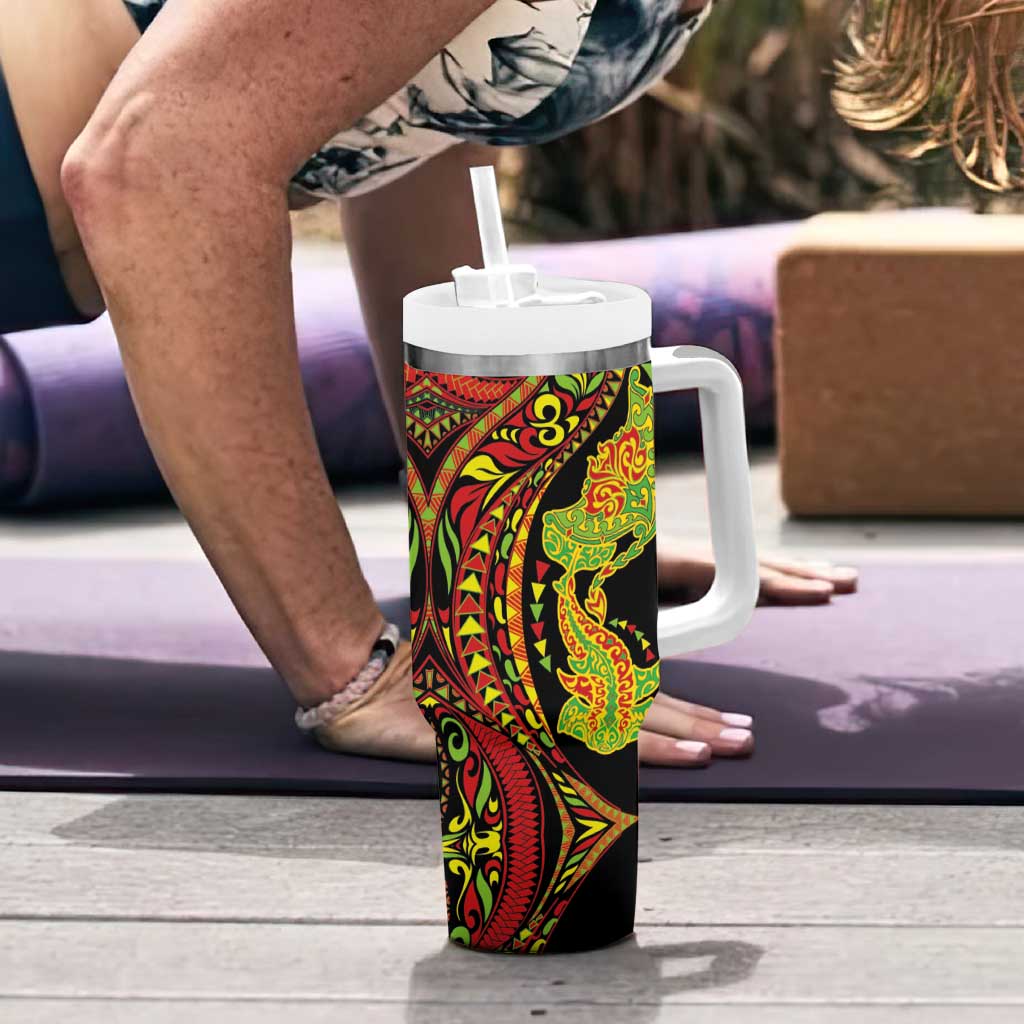 Hawaiian Manta Ray and Hammerhead Shark Tribal Tattoo Tumbler With Handle with Polynesian Tribal Pattern Kanaka Maoli Flag Color LT03 - Polynesian Pride