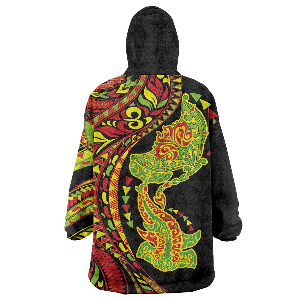 Hawaiian Manta Ray and Hammerhead Shark Tribal Tattoo Wearable Blanket Hoodie with Polynesian Tribal Pattern Kanaka Maoli Flag Color LT03 - Polynesian Pride