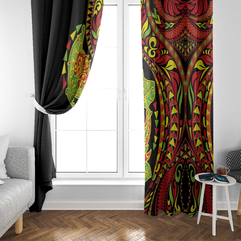 Hawaiian Manta Ray and Hammerhead Shark Tribal Tattoo Window Curtain with Polynesian Tribal Pattern Kanaka Maoli Flag Color LT03 - Polynesian Pride