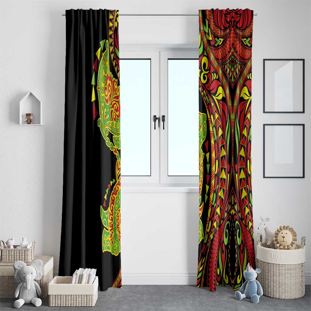 Hawaiian Manta Ray and Hammerhead Shark Tribal Tattoo Window Curtain with Polynesian Tribal Pattern Kanaka Maoli Flag Color LT03 - Polynesian Pride