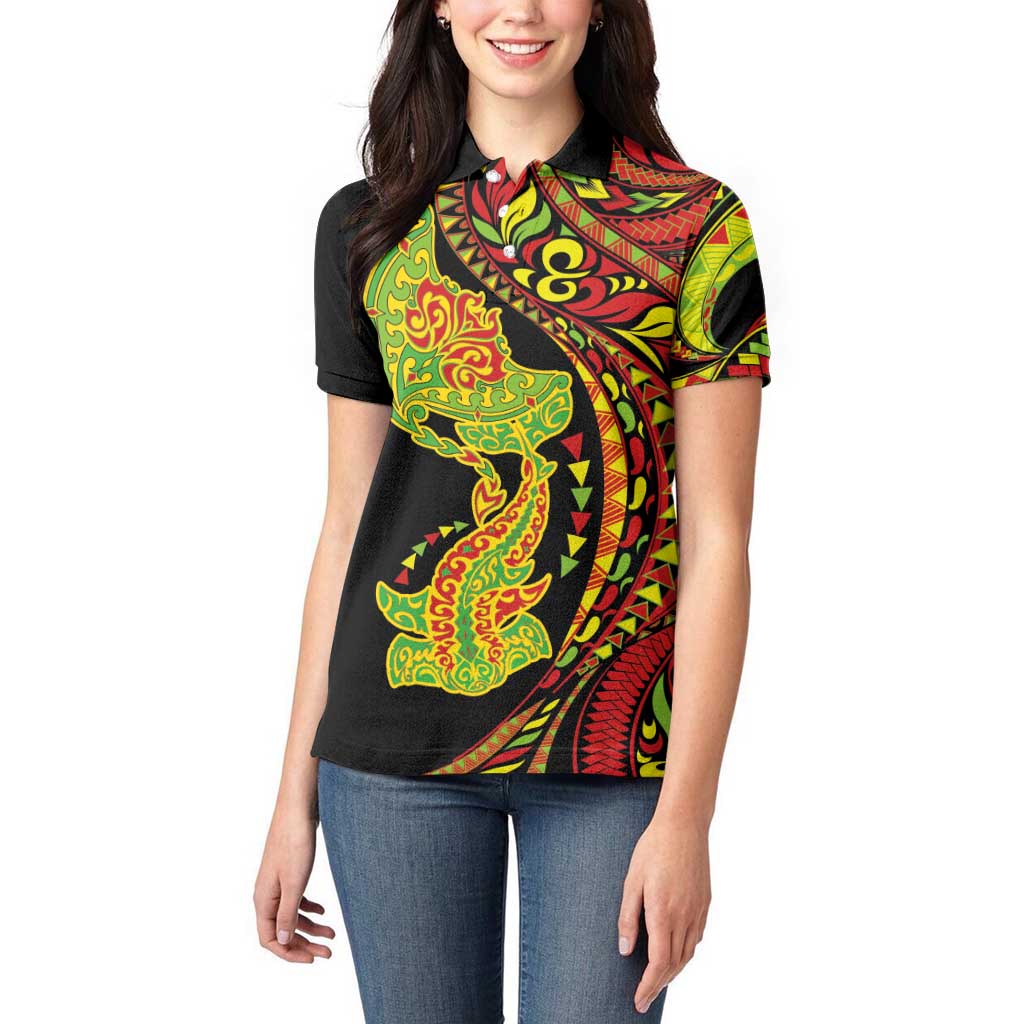 Hawaiian Manta Ray and Hammerhead Shark Tribal Tattoo Women Polo Shirt with Polynesian Tribal Pattern Kanaka Maoli Flag Color LT03 - Polynesian Pride