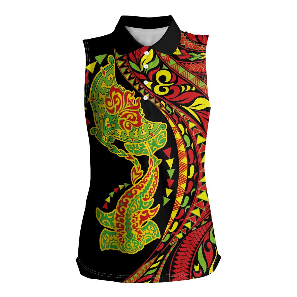 Hawaiian Manta Ray and Hammerhead Shark Tribal Tattoo Women Sleeveless Polo Shirt with Polynesian Tribal Pattern Kanaka Maoli Flag Color