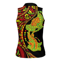 Hawaiian Manta Ray and Hammerhead Shark Tribal Tattoo Women Sleeveless Polo Shirt with Polynesian Tribal Pattern Kanaka Maoli Flag Color