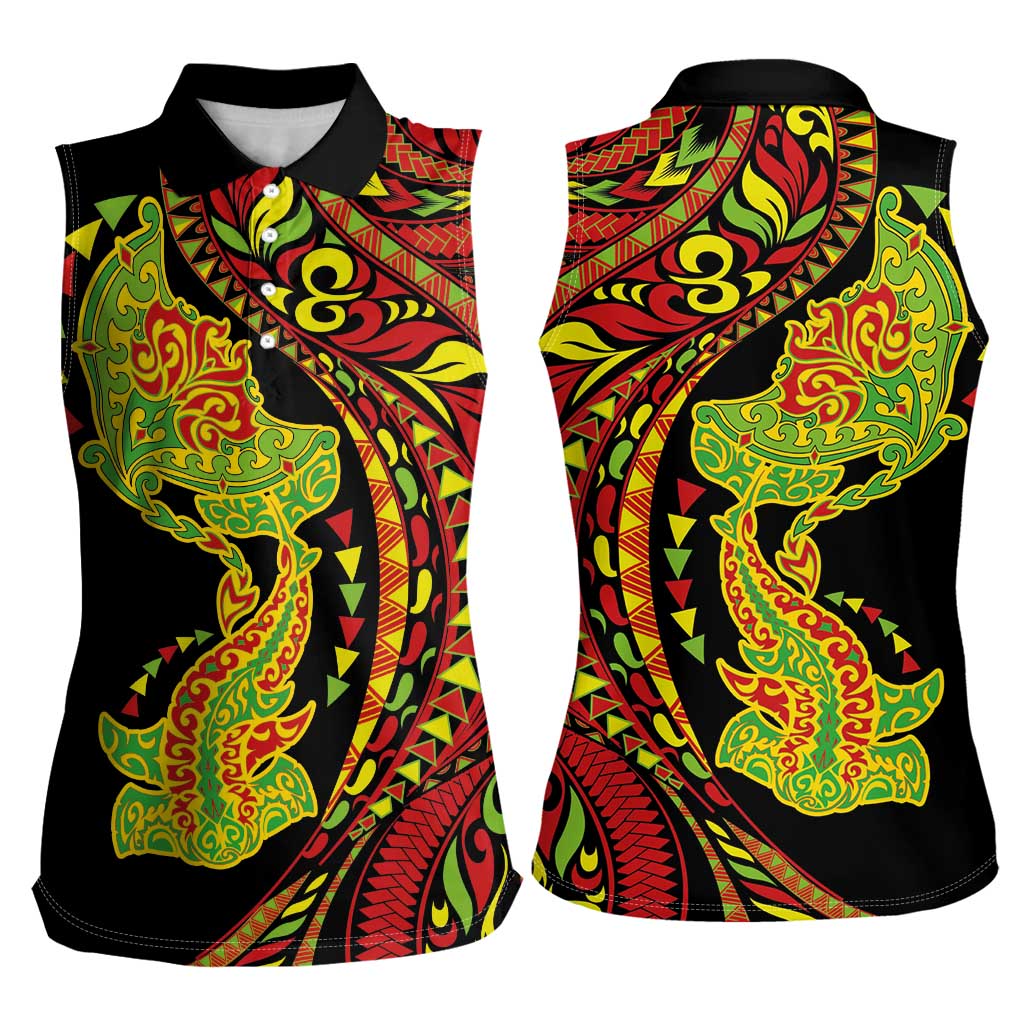 Hawaiian Manta Ray and Hammerhead Shark Tribal Tattoo Women Sleeveless Polo Shirt with Polynesian Tribal Pattern Kanaka Maoli Flag Color