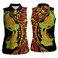 Hawaiian Manta Ray and Hammerhead Shark Tribal Tattoo Women Sleeveless Polo Shirt with Polynesian Tribal Pattern Kanaka Maoli Flag Color