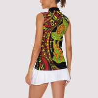 Hawaiian Manta Ray and Hammerhead Shark Tribal Tattoo Women Sleeveless Polo Shirt with Polynesian Tribal Pattern Kanaka Maoli Flag Color