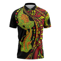 Hawaiian Manta Ray and Hammerhead Shark Tribal Tattoo Zipper Polo Shirt with Polynesian Tribal Pattern Kanaka Maoli Flag Color LT03 Multicolor - Polynesian Pride