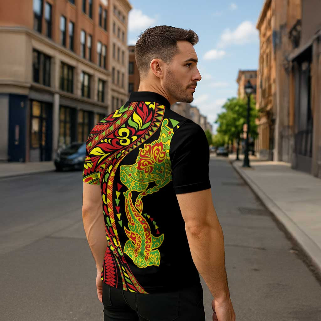 Hawaiian Manta Ray and Hammerhead Shark Tribal Tattoo Zipper Polo Shirt with Polynesian Tribal Pattern Kanaka Maoli Flag Color LT03 - Polynesian Pride