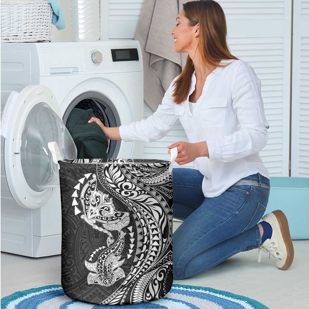 Hawaiian Manta Ray and Hammerhead Shark Tribal Tattoo Laundry Basket with Polynesian Tribal Pattern Black-White Color