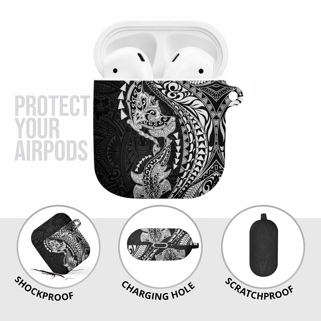 Hawaiian Manta Ray and Hammerhead Shark Tribal Tattoo AirPods Case with Polynesian Tribal Pattern Black-White Color