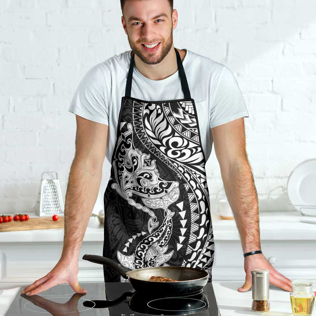 Hawaiian Manta Ray and Hammerhead Shark Tribal Tattoo Apron with Polynesian Tribal Pattern Black-White Color
