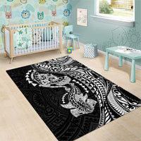 Hawaiian Manta Ray and Hammerhead Shark Tribal Tattoo Area Rug with Polynesian Tribal Pattern Black-White Color