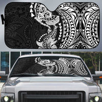 Hawaiian Manta Ray and Hammerhead Shark Tribal Tattoo Auto Sun Shade with Polynesian Tribal Pattern Black-White Color