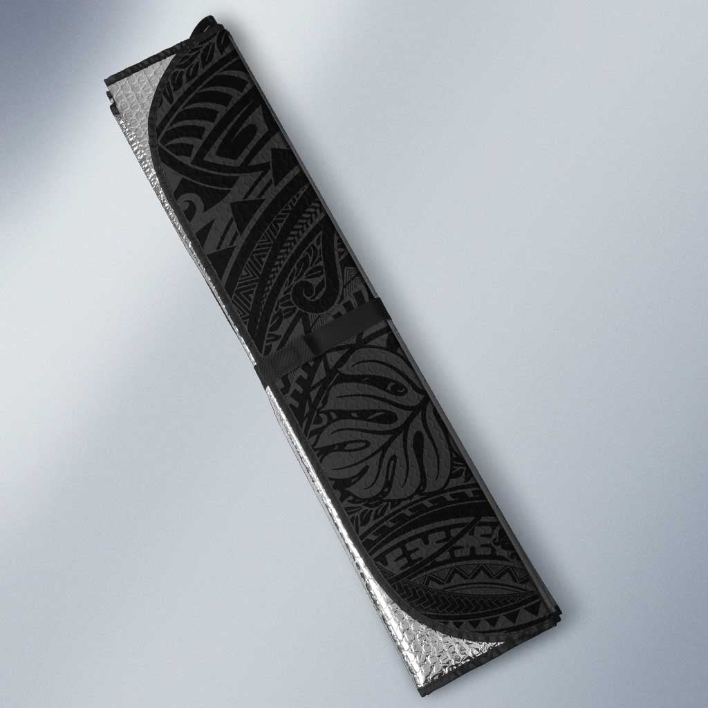 Hawaiian Manta Ray and Hammerhead Shark Tribal Tattoo Auto Sun Shade with Polynesian Tribal Pattern Black-White Color