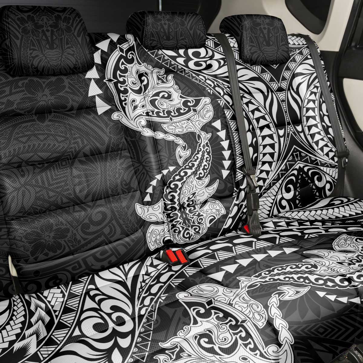 Hawaiian Manta Ray and Hammerhead Shark Tribal Tattoo Back Car Seat Cover with Polynesian Tribal Pattern Black-White Color