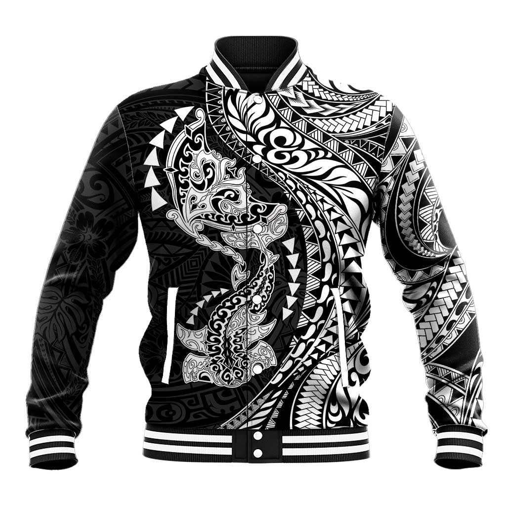 Hawaiian Manta Ray and Hammerhead Shark Tribal Tattoo Baseball Jacket with Polynesian Tribal Pattern Black-White Color