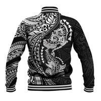 Hawaiian Manta Ray and Hammerhead Shark Tribal Tattoo Baseball Jacket with Polynesian Tribal Pattern Black-White Color