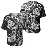 Hawaiian Manta Ray and Hammerhead Shark Tribal Tattoo Baseball Jersey with Polynesian Tribal Pattern Black-White Color