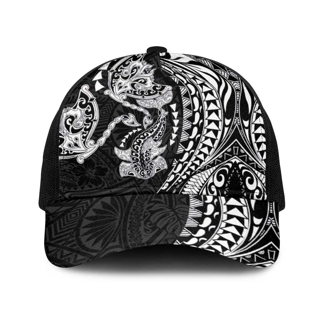 Hawaiian Manta Ray and Hammerhead Shark Tribal Tattoo Baseball Net Cap with Polynesian Tribal Pattern Black-White Color