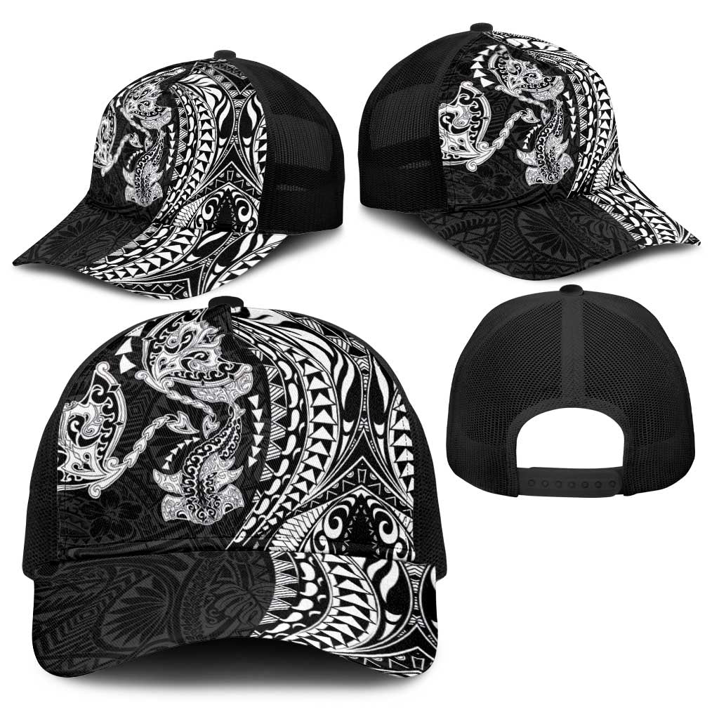 Hawaiian Manta Ray and Hammerhead Shark Tribal Tattoo Baseball Net Cap with Polynesian Tribal Pattern Black-White Color