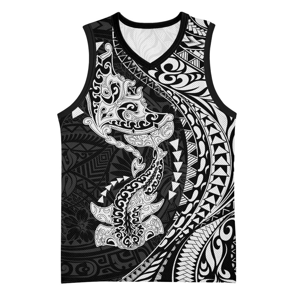 Hawaiian Manta Ray and Hammerhead Shark Tribal Tattoo Basketball Jersey with Polynesian Tribal Pattern Black-White Color