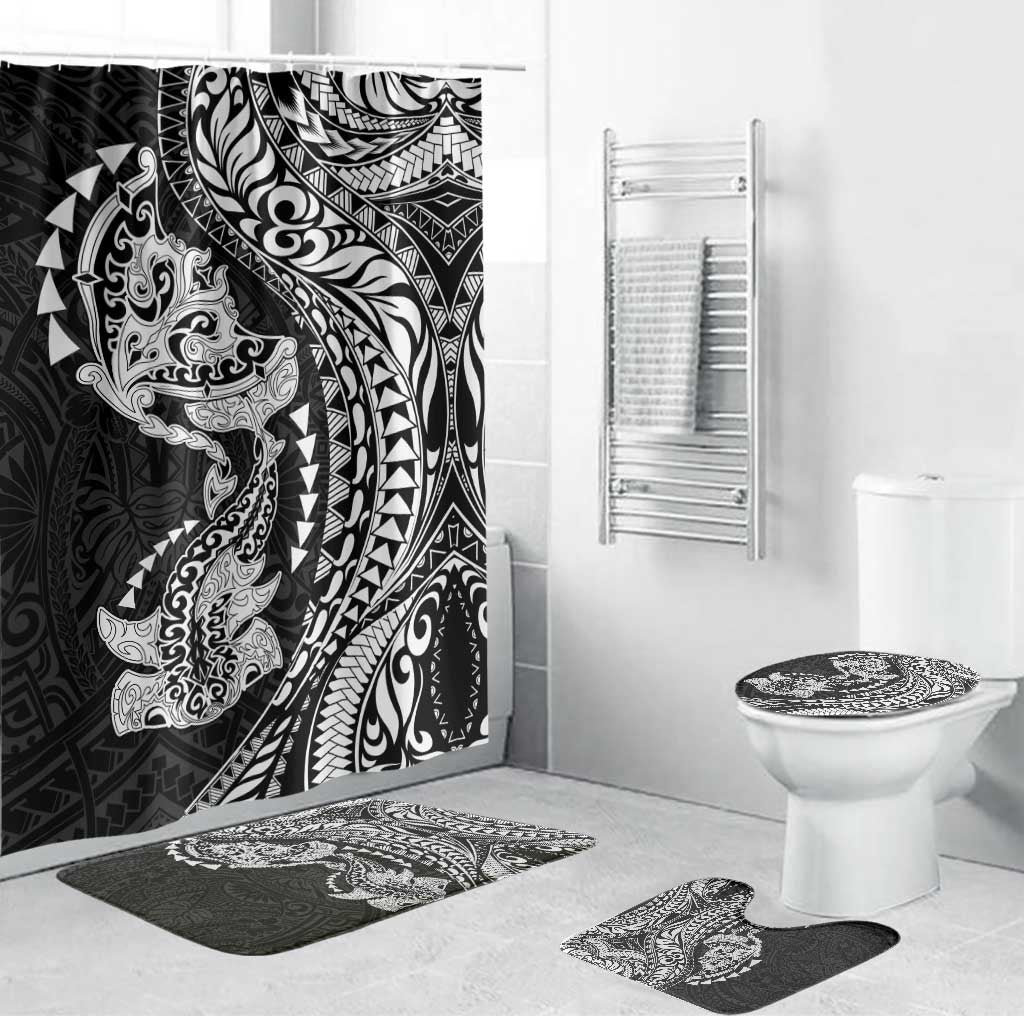 Hawaiian Manta Ray and Hammerhead Shark Tribal Tattoo Bathroom Set with Polynesian Tribal Pattern Black-White Color