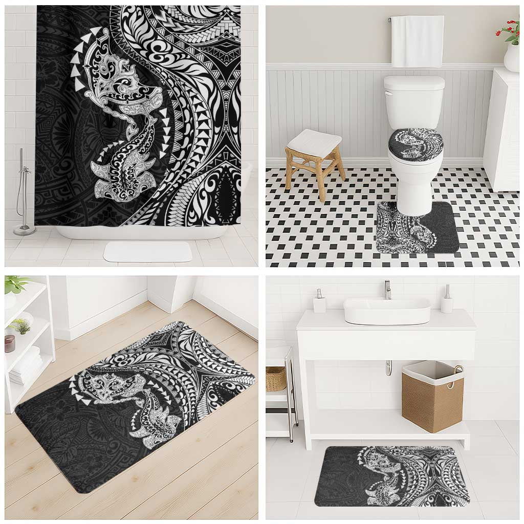 Hawaiian Manta Ray and Hammerhead Shark Tribal Tattoo Bathroom Set with Polynesian Tribal Pattern Black-White Color