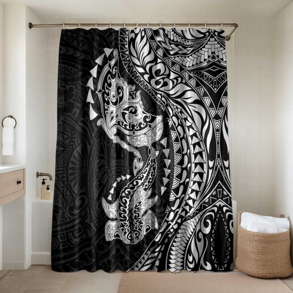 Hawaiian Manta Ray and Hammerhead Shark Tribal Tattoo Bathroom Set with Polynesian Tribal Pattern Black-White Color