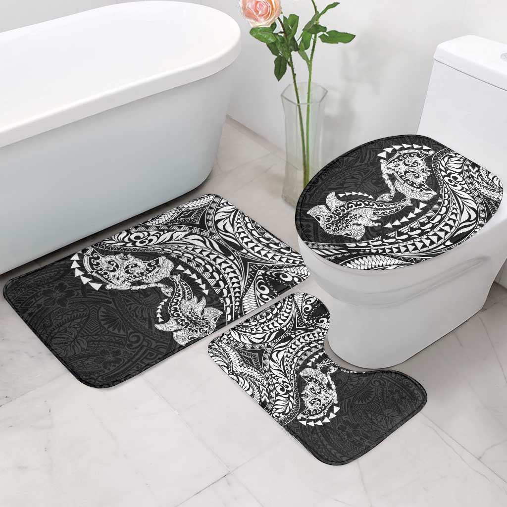 Hawaiian Manta Ray and Hammerhead Shark Tribal Tattoo Bathroom Set with Polynesian Tribal Pattern Black-White Color