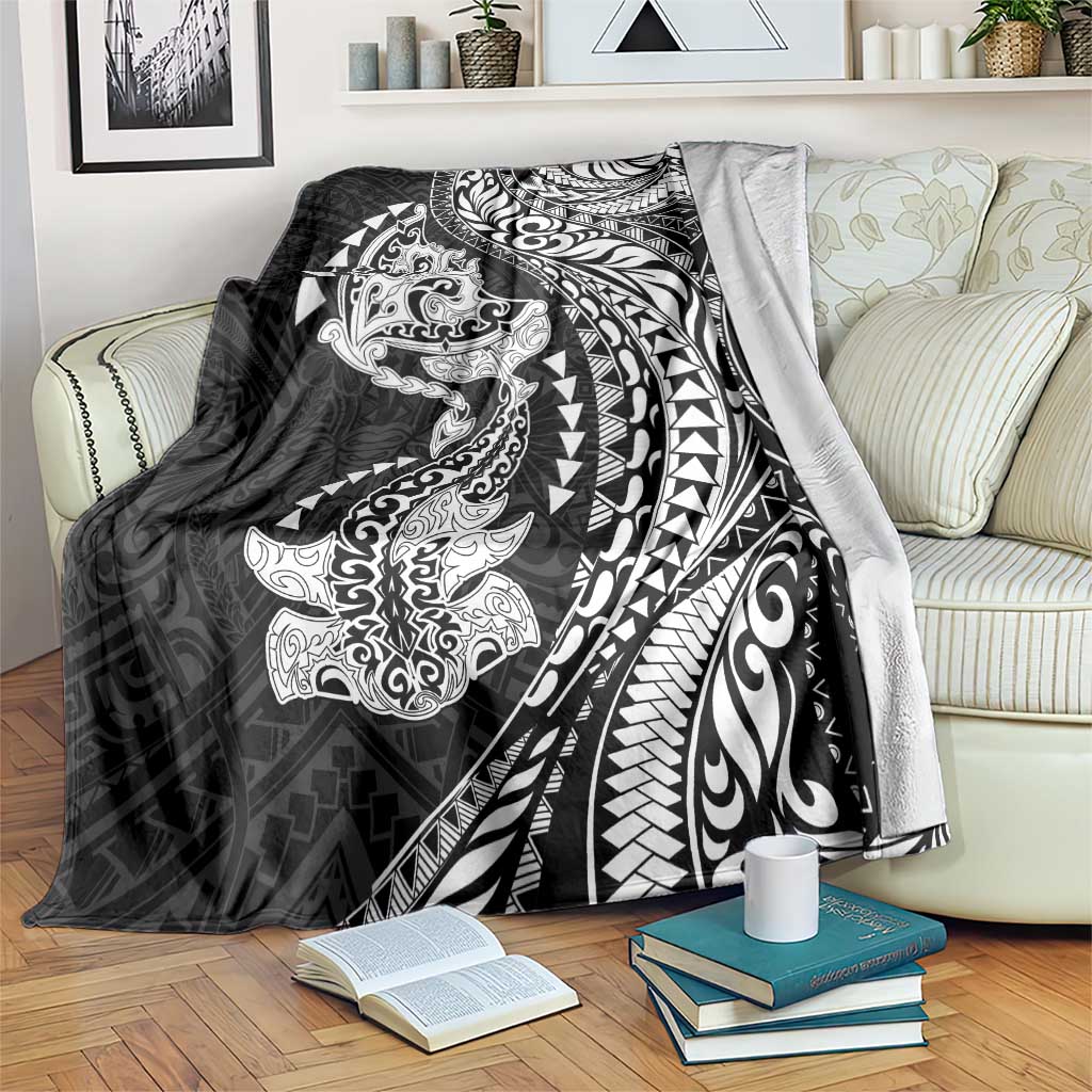 Hawaiian Manta Ray and Hammerhead Shark Tribal Tattoo Blanket with Polynesian Tribal Pattern Black-White Color