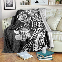 Hawaiian Manta Ray and Hammerhead Shark Tribal Tattoo Blanket with Polynesian Tribal Pattern Black-White Color