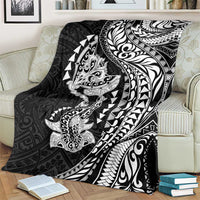 Hawaiian Manta Ray and Hammerhead Shark Tribal Tattoo Blanket with Polynesian Tribal Pattern Black-White Color