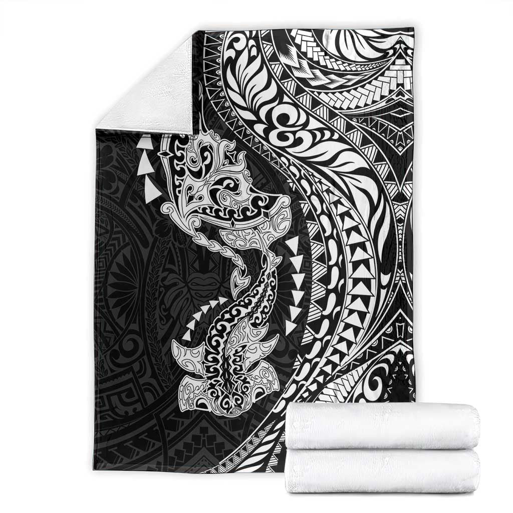 Hawaiian Manta Ray and Hammerhead Shark Tribal Tattoo Blanket with Polynesian Tribal Pattern Black-White Color