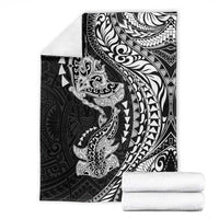Hawaiian Manta Ray and Hammerhead Shark Tribal Tattoo Blanket with Polynesian Tribal Pattern Black-White Color