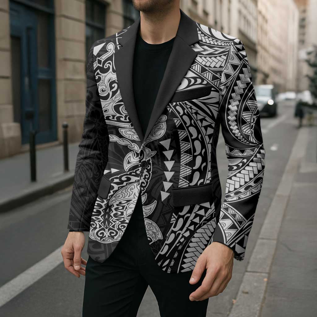 Hawaiian Manta Ray and Hammerhead Shark Tribal Tattoo Blazer with Polynesian Tribal Pattern Black-White Color