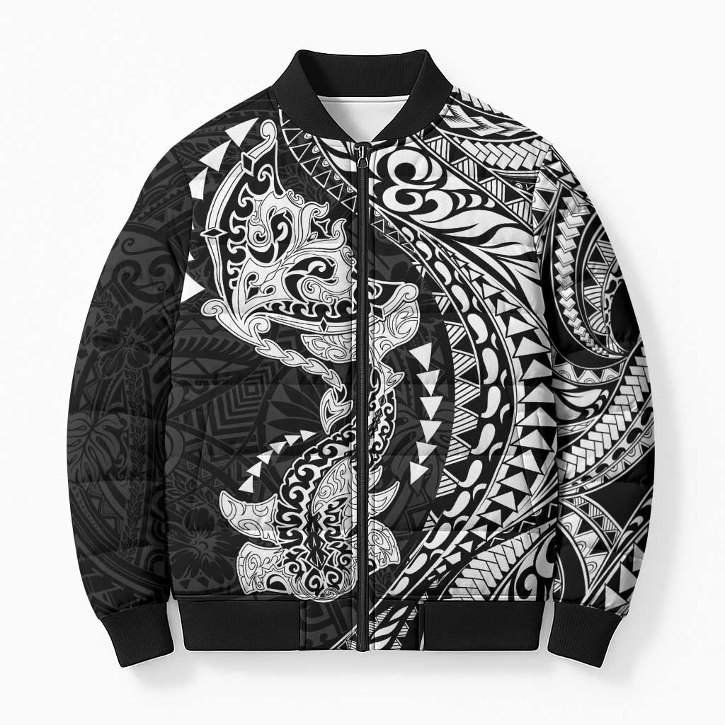 Hawaiian Manta Ray and Hammerhead Shark Tribal Tattoo Bomber Puffer Jacket with Polynesian Tribal Pattern Black-White Color