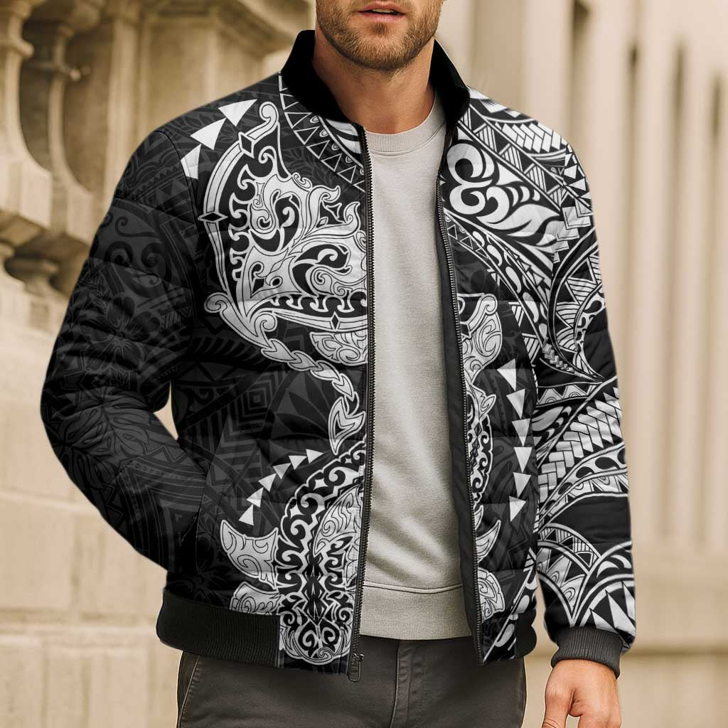 Hawaiian Manta Ray and Hammerhead Shark Tribal Tattoo Bomber Puffer Jacket with Polynesian Tribal Pattern Black-White Color