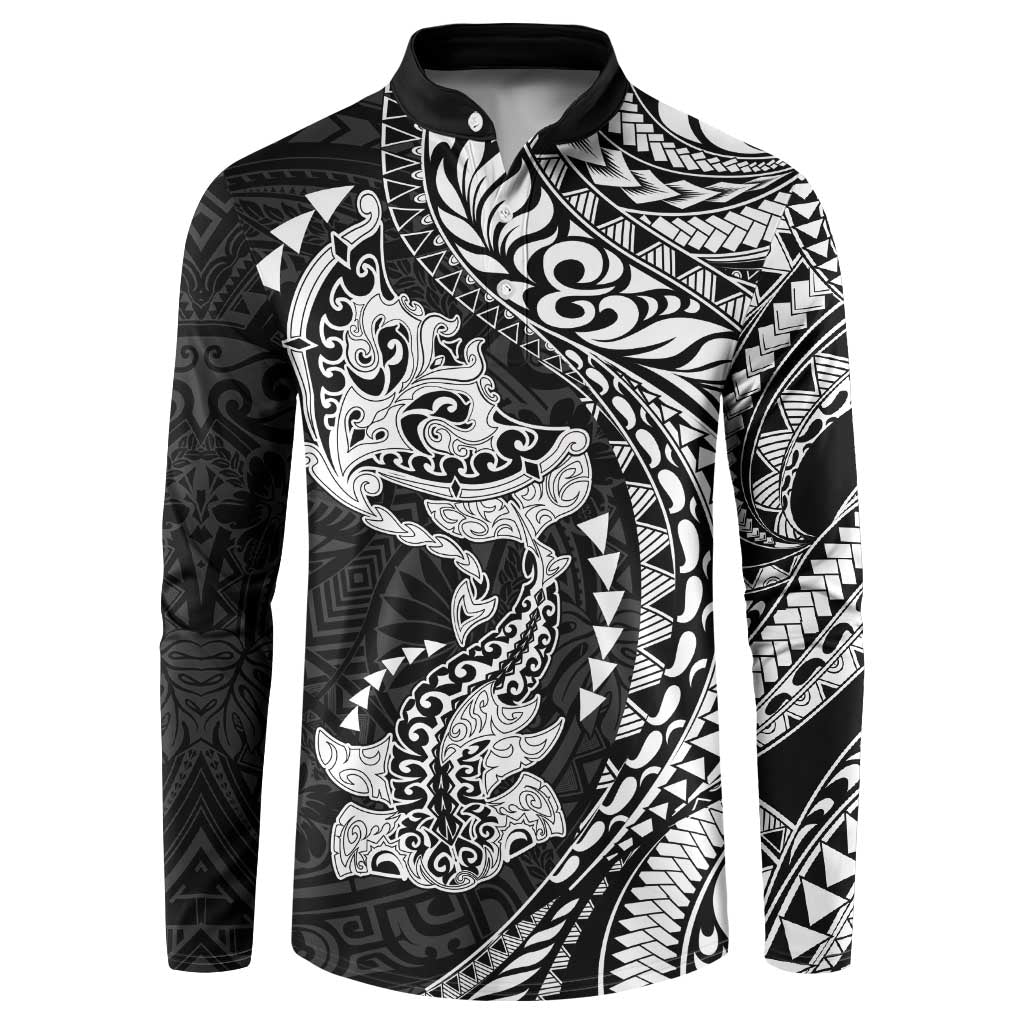 Hawaiian Manta Ray and Hammerhead Shark Tribal Tattoo Button Sweatshirt with Polynesian Tribal Pattern Black-White Color