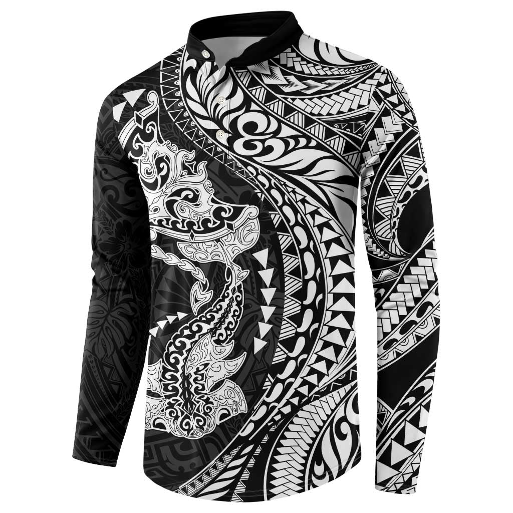 Hawaiian Manta Ray and Hammerhead Shark Tribal Tattoo Button Sweatshirt with Polynesian Tribal Pattern Black-White Color