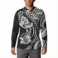 Hawaiian Manta Ray and Hammerhead Shark Tribal Tattoo Button Sweatshirt with Polynesian Tribal Pattern Black-White Color