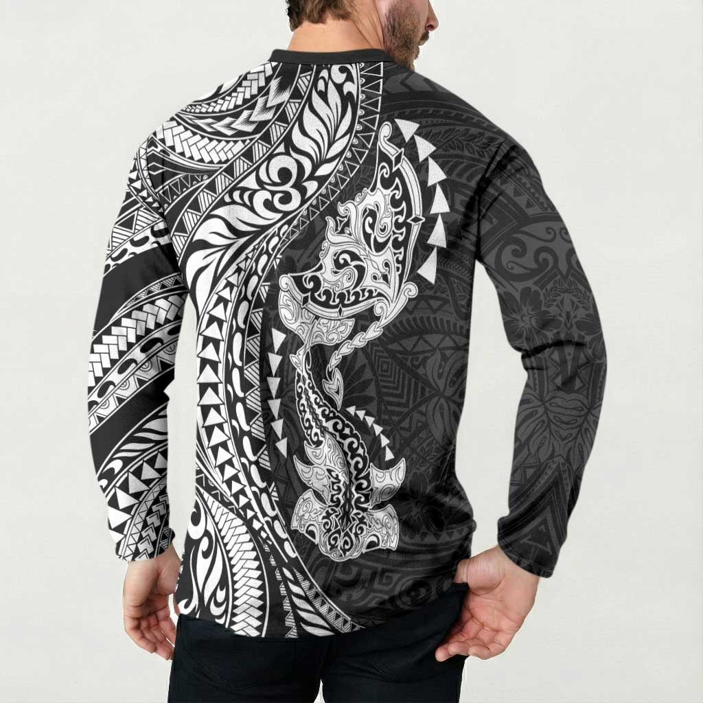Hawaiian Manta Ray and Hammerhead Shark Tribal Tattoo Button Sweatshirt with Polynesian Tribal Pattern Black-White Color