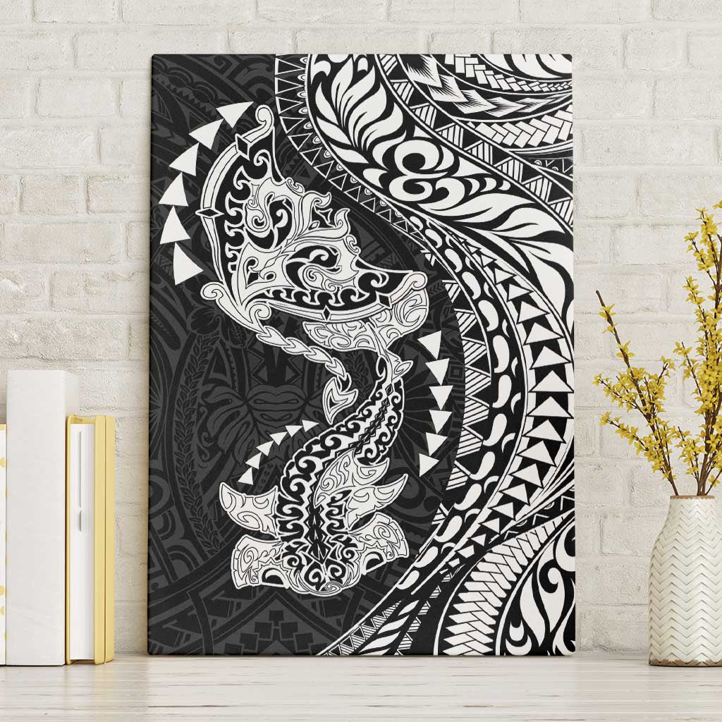 Hawaiian Manta Ray and Hammerhead Shark Tribal Tattoo Canvas Wall Art with Polynesian Tribal Pattern Black-White Color