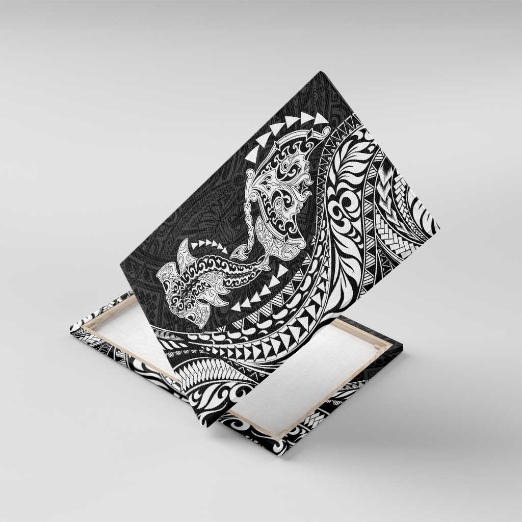 Hawaiian Manta Ray and Hammerhead Shark Tribal Tattoo Canvas Wall Art with Polynesian Tribal Pattern Black-White Color